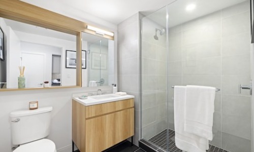 Bathroom with large standing shower and floating light wood vanity 