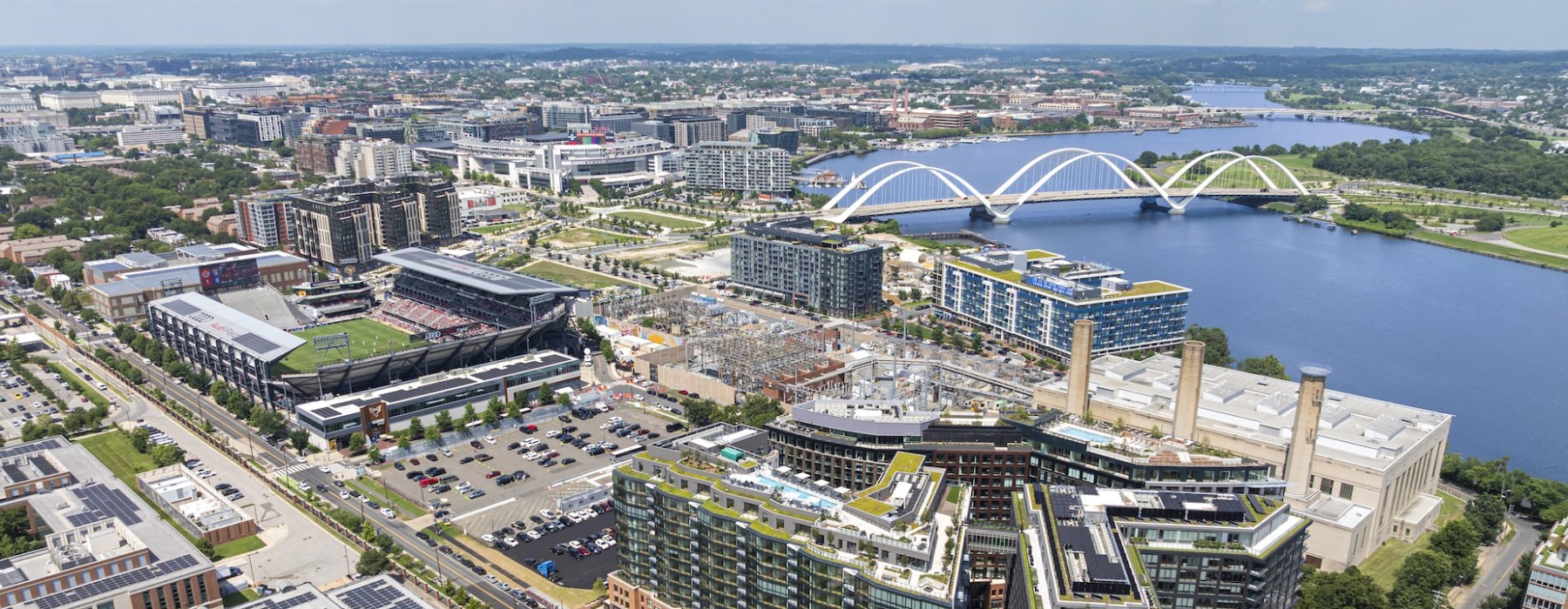 Aerial view of The Stacks with river views 