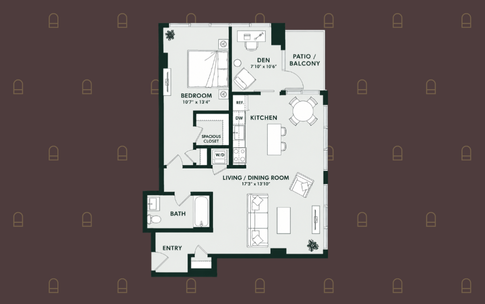 C13 - 1 bedroom floorplan layout with 1 bathroom and 944 - 947 square feet