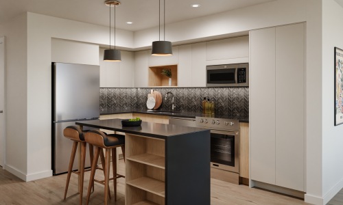 a kitchen with a table and chairs