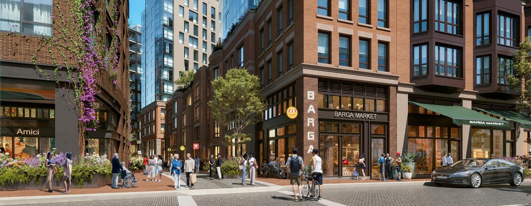 a street with people and buildings on either side of it